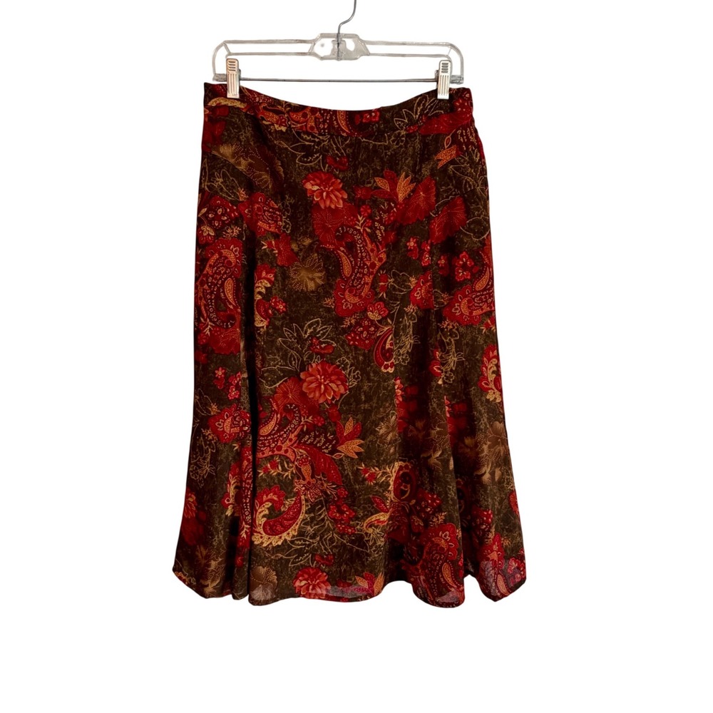 Vintage RQT Petite Brown Red Floral Paisley Midi Skirt Elastic Waist Size 10P